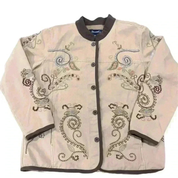 Denim&Co Jackets & Blazers - Denim & Co. Light Brown Embroidered Cotton Boho Button Down Jacket Women’s Sz M